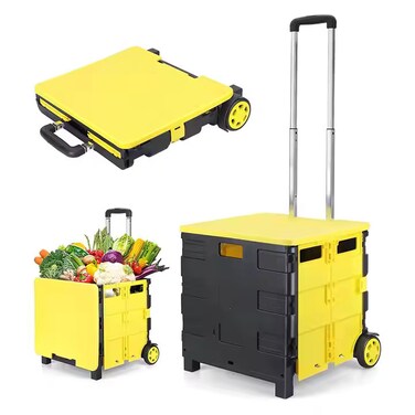 عربة يدوية قابلة للطي مع غطاء أصفر - عربة تسوق قابلة للطي بسعة 55 رطلاً، صندوق يدوي قابل للطي مع غطاء على عجلات