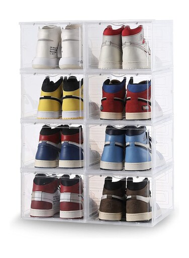 6-Pack Stackable Plastic Shoe Boxes with Clear Doors, Transparent Sneaker Storage Organizer, Easy Assembly Shoe Display Case,