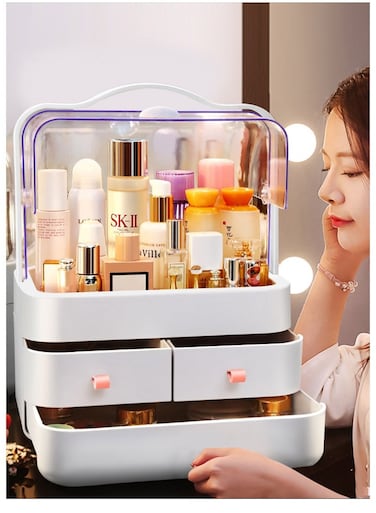 منظم مكياج مقاوم للغبار مع علبة عرض مستحضرات تجميل شفافة وصندوق تخزين مجوهرات ومكياج بسعة كبيرة لأسطح العمل، تصميم أنيق خالٍ من الغبار مع أدراج