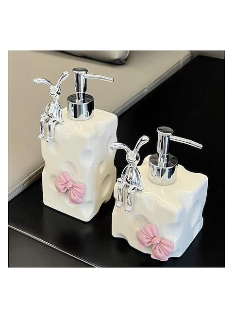 Stylish Pottery Lotion &amp; Soap Dispenser &ndash; Refillable Shampoo &amp; Detergent Pump Bottle with Rabbit Decoration, 11.6/13.5 fl oz for Kitchen, Bathroom, or Vanity
