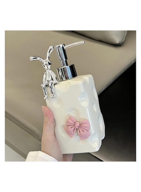 Stylish Pottery Lotion &amp; Soap Dispenser &ndash; Refillable Shampoo &amp; Detergent Pump Bottle with Rabbit Decoration, 11.6/13.5 fl oz for Kitchen, Bathroom, or Vanity
