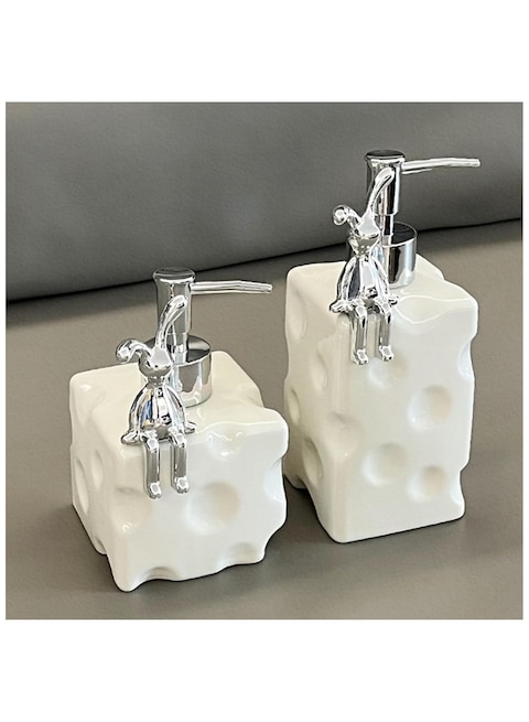 Stylish Pottery Lotion &amp; Soap Dispenser &ndash; Refillable Shampoo &amp; Detergent Pump Bottle with Rabbit Decoration, 11.6/13.5 fl oz for Kitchen, Bathroom, or Vanity
