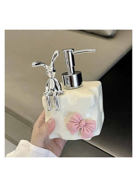 Stylish Pottery Lotion &amp; Soap Dispenser &ndash; Refillable Shampoo &amp; Detergent Pump Bottle with Rabbit Decoration, 11.6/13.5 fl oz for Kitchen, Bathroom, or Vanity
