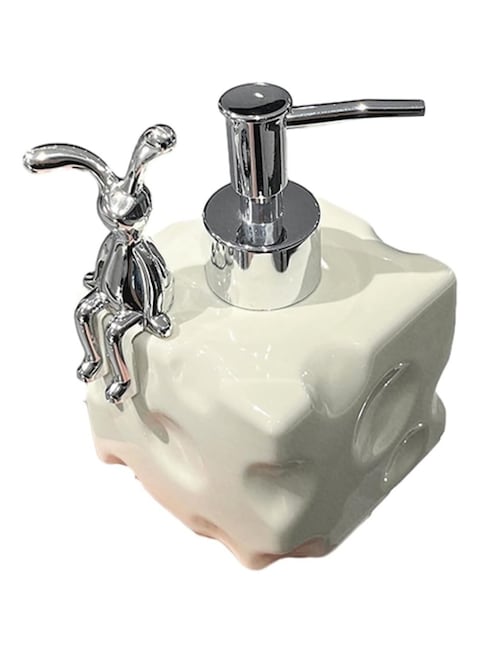 Stylish Pottery Lotion &amp; Soap Dispenser &ndash; Refillable Shampoo &amp; Detergent Pump Bottle with Rabbit Decoration, 11.6/13.5 fl oz for Kitchen, Bathroom, or Vanity
