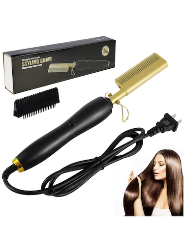 مشط تصفيف الشعر الكهربائي 2 في 1 القابل للتعديل بدرجة الحرارة - مكواة فرد الشعر ومكواة تجعيد الشعر وأداة الضغط   تسخين سريع، جهد مزدوج، تصميم مضاد للحروق