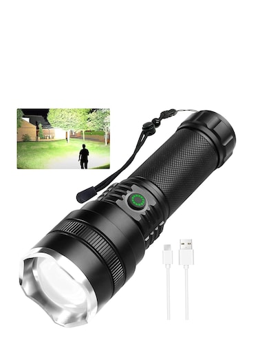 مصباح يدوي قابل لإعادة الشحن عالي اللومن - مصباح يدوي LED فائق السطوع مع أوضاع قابلة للتعديل، تصميم مقاوم للماء، كابل USB متضمن - ضوء قوي