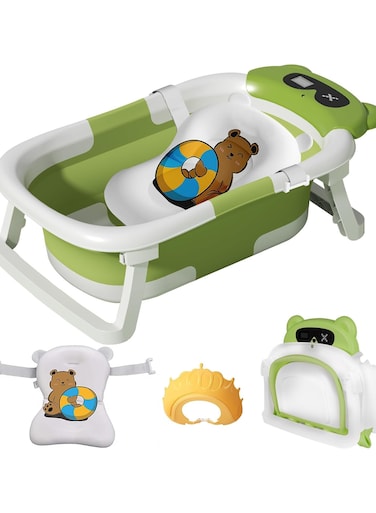 حوض استحمام قابل للطي للأطفال حديثي الولادة إلى الأطفال الصغار، حوض استحمام محمول للأطفال الرضع مع وسادة ناعمة وتصميم غير قابل للانزلاق وبنية متينة، حوض استحمام أخضر للسفر