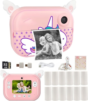 كاميرا طباعة فورية للأطفال، كاميرا رقمية للبنات مع 12 لفة ورق إعادة تعبئة، هدية مثالية لعيد الميلاد وعيد الميلاد للأطفال، طابعة صور فورية سهلة الاستخدام