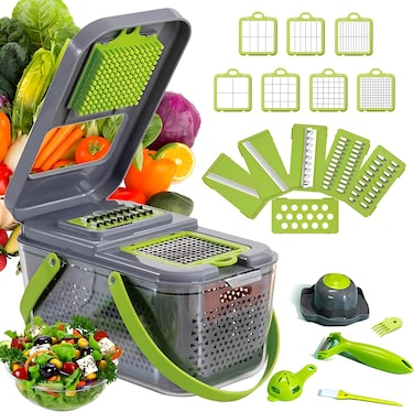 مفرمة خضروات، قطاعة ماندولين مطورة 22 في 1 مع 13 شفرة من الفولاذ المقاوم للصدأ، قطاعة قابلة للتعديل، قطاعة خضروات مع رف تصريف