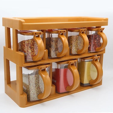 رف توابل ماستر شيف مكون من طبقتين مع 7 برطمانات توابل - منظم لتخزين التوابل في المطبخ - منظم توابل قابل للتعديل ومريح لسهولة الوصول إليه