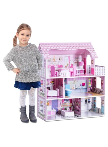 Kids Wooden Dollhouse 3 Story Pretend Play Dreamhouse with Furniture &amp; Accessories, Large DIY Doll House for Girls, Toddlers &amp; Children, Creative Role-Playing Toy