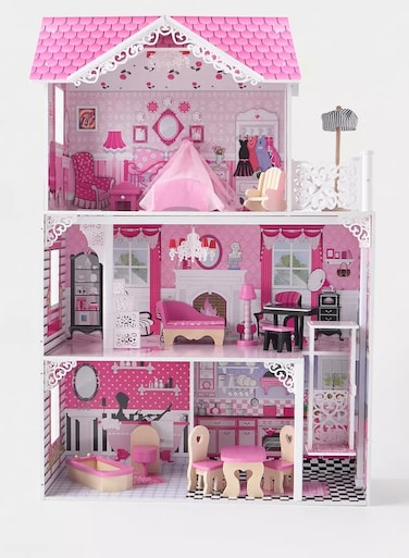 Doll House White Playset &ndash; 3-Story Wooden Dollhouse for Kids with Furniture, Pretend Play Toy for Toddlers and Children &ndash; Ideal Gift for Girls Ages 3+
