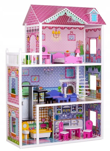 Kids Wooden Dollhouse with Working Elevator &amp; Rotatable Staircase 3-Story Pretend Play Doll House for Toddlers, 10 Pcs Furniture Accessories, DIY Simulated Rooms