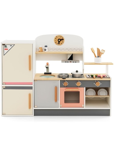 مجموعة ألعاب مطبخ خشبية للأطفال 3 في 1 - مطبخ لعبة تظاهري طبيعي مع ثلاجة ومشواة وغطاء مدخنة ورف أوعية للأطفال الصغار   مجموعة ألعاب الشيف الصغير