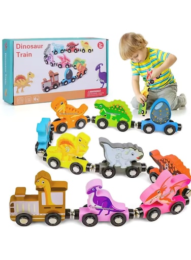 مجموعة ألعاب قطار خشبي مغناطيسي للأطفال - مجموعة قطار ألغاز سيارات وحيوانات وفواكه تعليمية مبكرة للأطفال الصغار - تنمية الإدراك والتعرف على الألوان