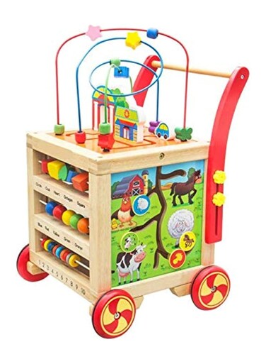 مشاية أطفال خشبية مع أحجية وخرز - صندوق تخزين ألعاب نشاط متعدد الوظائف بأربعة جوانب للأطفال الصغار، مشاية تعليمية مع أحجية تفاعلية