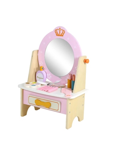 طاولة زينة خشبية للأميرة مع ملحقات مكياج - لعبة تعليمية للعب الأدوار، طاولة مكياج محاكاة للبنات، مجموعة تجميل تفاعلية مع مرآة