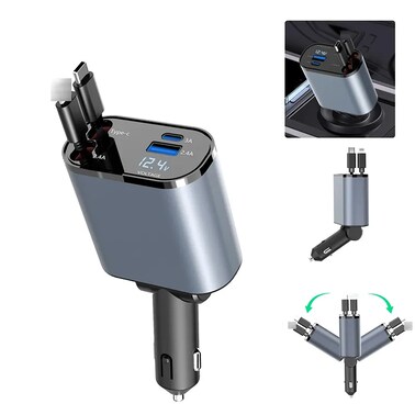 شاحن سيارة مع كابل شحن مزدوج قابل للسحب وشاشة عرض LED للجهد - محول شحن سريع للسفر، يدعم الشحن السريع، شاحن سيارة USB