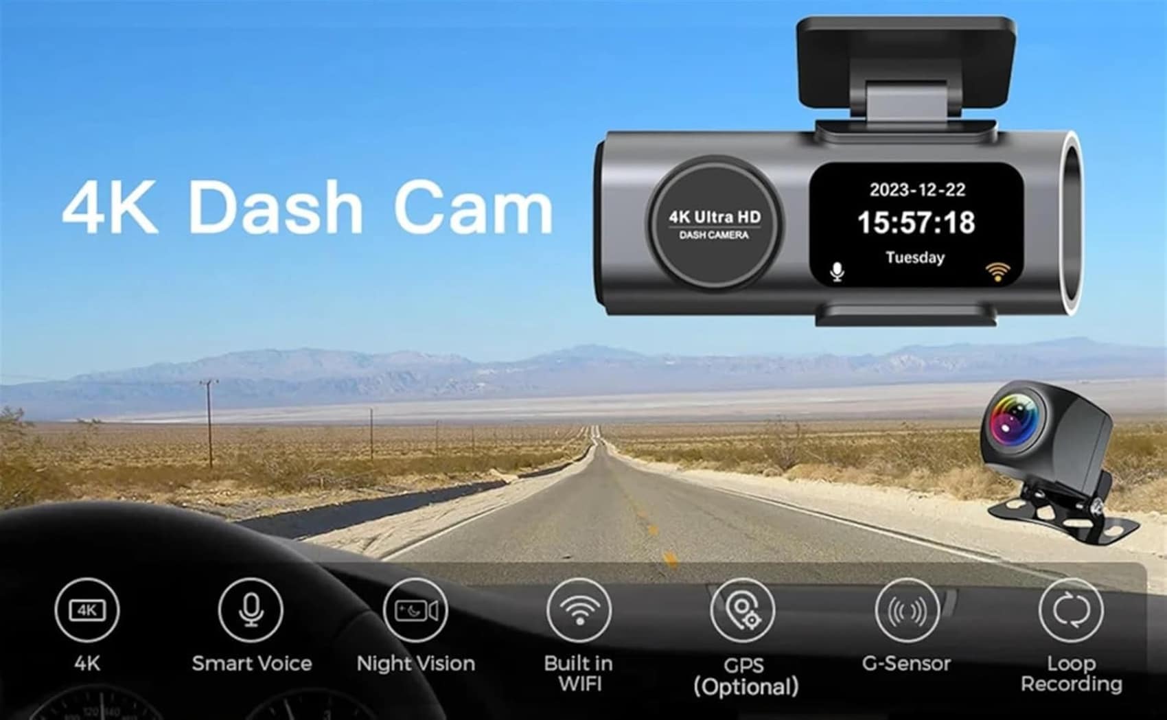GKU 4K Dash Cam Front, Car Camera Dash Cam With Parking Monitor, WDR, 170° Angle, Super Night Vision, Wi-Fi APP Control, G-Sensor, Detachable Design, Easy Installation, Max 256G