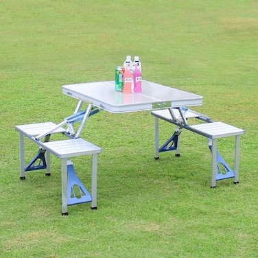 Folding Camping Table and Chairs Set with Umbrella Hole, Portable Picnic Table &amp; Stool Set for Outdoor Camping, BBQs, Dining, Fishing, Travel, and Home Use