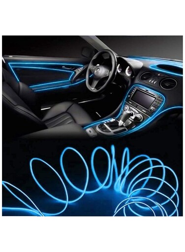 5m Auto Car Neon LED Strip Light Ice Blue EL Wire Lamp for Interior Decoration, Flexible Cold Strobing Glow Wire with Adapter, Universal Fit for Cars, Trucks, SUVs
