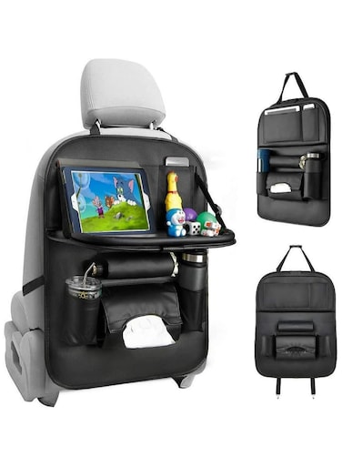 Premium Car Backseat Organizer with Tablet Holder &amp; Touch Screen Stand Multi-Pocket PU Storage for Kids &amp; Toddlers, Cup, Umbrella, Tissue Holder Kick Mat Protector