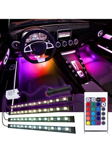 Car LED Strip Light Kit - 4pcs 36 LED Multi-Color Interior Lights, Waterproof Under Dash Lighting with Multi-Mode Change, Wireless Remote Control, Car Charger Included, DC 12V
