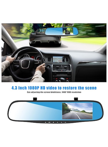 كاميرات لوحة القيادة ذات العدسة المزدوجة للسيارات - مسجل فيديو رقمي عالي الدقة 1080 بكسل أمامي وخلفي، وكاميرا مرآة الرؤية الخلفية مقاس 4.3 بوصة، ومسجل فيديو بزاوية واسعة
