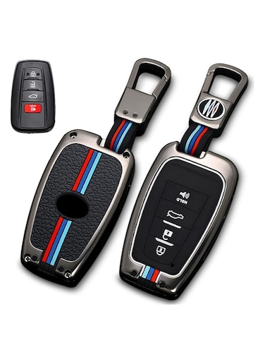 غطاء مفتاح تويوتا مع سلسلة مفاتيح - غلاف معدني ممتاز وحافظة مفاتيح من السيليكون الناعم لحماية كاملة لسيارة كامري 2018-2022، RAV4، هايلاندر، أفالون، C-HR، بريوس