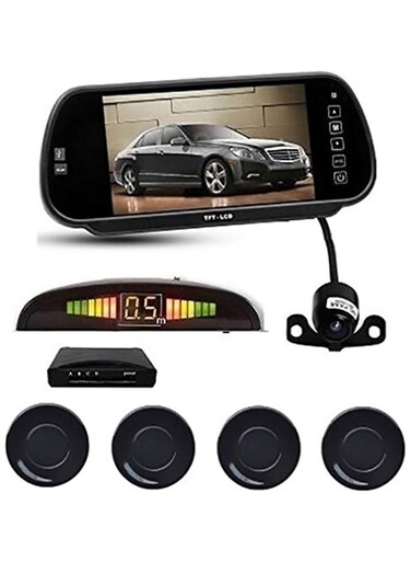 شاشة مراقبة مرآة السيارة TFT LCD مقاس 7 بوصات مع كاميرا خلفية - نظام مساعدة في ركن السيارة، مستشعرات باللون الأسود، مؤشر الرجوع للخلف للقيادة الآمنة وسهولة ركن السيارة