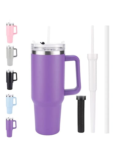 2024 Stainless Steel Insulated Tumbler with Straw &amp; Handle &ndash; Large Capacity Travel Cup for Office, Home, and Car &ndash; Stylish Purple Design for Men &amp; Women
