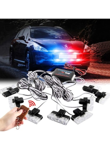 Red Blue 16LED Grille Strobe Lights - Emergency Dash Deck Visor Flash Lights with Wireless Remote Control, 12V for Car, Truck, Ambulance, Police