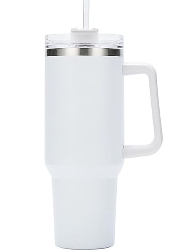 كوب عازل من الفولاذ المقاوم للصدأ بسعة كبيرة مع قشة ومقبض، كوب سفر متعدد الاستخدامات للمكتب والمنزل والسيارة - أدوات شرب عالية الجودة للرجال والنساء (أبيض)