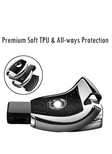 Silver Key Fob Case for Mercedes Benz Models &ndash; Premium Soft TPU Full Cover Protection for Smart Remote Keyless Entry, Secure &amp; Stylish Remote Key Holder
