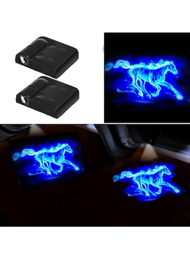 قطعتان من مصابيح عرض شعار باب السيارة - مصباح ظل LED على شكل حصان أزرق   مناسب لجميع موديلات السيارات   مصباح شبح أنيق وعصري لباب السيارة لتعزيز المظهر الداخلي