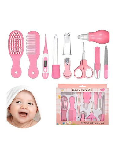 مجموعة العناية بالطفل والعناية به من 9 قطع - مجموعة العناية بالطفل حديث الولادة مع مقص أظافر الطفل ومقص ومشط شعر وفرشاة ومنظف أنف وإكسسوارات أمان