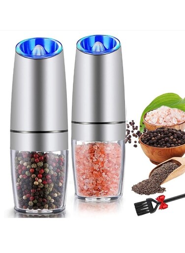 Electric Gravity Pepper Grinder Set of 2 &ndash; Adjustable Coarseness Automatic Salt and Pepper Mills with LED Light, for Kitchen, Cooking &amp; BBQ (Stainless Steel)
