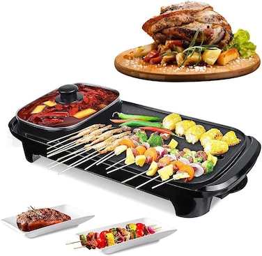 Electric BBQ Grill Hot Pot &ndash; Smokeless Non-Stick Grill with Dual Functionality for BBQ and Hotpot   Adjustable Temperature Control, Oil Sprayer, and Brush