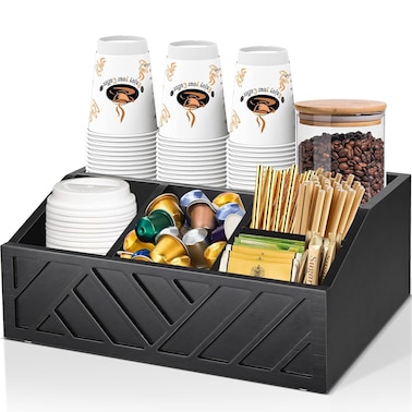 Coffee Bar Organizer for Countertop &ndash; Wooden Coffee Station Accessories, Farmhouse Coffee Pod &amp; Syrup Holder, Condiment Organizer