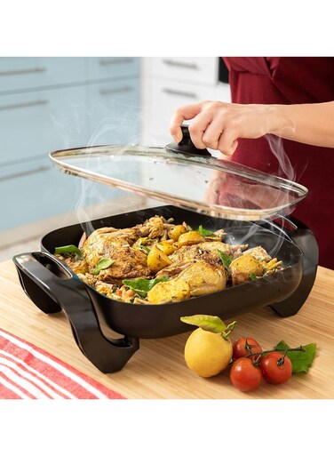 12" Nonstick Electric Skillet with Adjustable Temperature Control   Square Aluminum Fry Pan with 2-Layer Non-Stick Coating, Glass Lid with Steam Vent