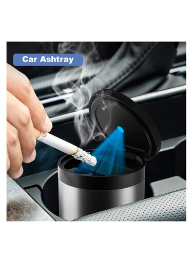 Car Ashtray with Lid - Portable Mini Trash Can for Cars, Smokeless &amp; Odorless, Detachable Design, Blue LED Light, Fits Most Cup Holders, Easy to Clean
