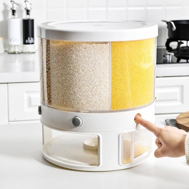 360&deg; Rotating 6-Grid Grain Dispenser &ndash; One-Click Food Dispenser with Rice Outlet, Round Multi-Grain Storage Tank, Airtight Grain Storage Container