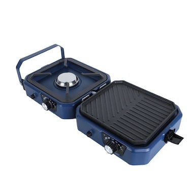 Folding Camping Stove with Griddle - 16,000 BTU Dual Burners, Portable Gas Camp Stove with Piezo Ignition &amp; Adjustable Heat Control, Perfect