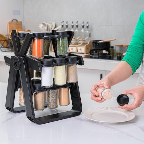Efficient Spice Rack Set with Ferris Wheel Design   18 Jars, Sticker Labels &amp; Funnel for Easy Organization   Convenient Kitchen Spice Organizer