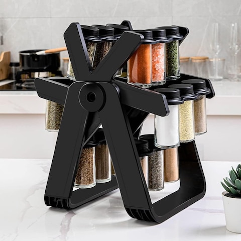 Efficient Spice Rack Set with Ferris Wheel Design   18 Jars, Sticker Labels &amp; Funnel for Easy Organization   Convenient Kitchen Spice Organizer