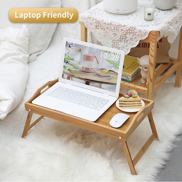 طاولة صينية سرير من الخيزران بأرجل قابلة للطي - صينية تقديم كبيرة متعددة الأغراض مقاس 20 × 11 بوصة للإفطار والكمبيوتر المحمول والوجبات الخفيفة والقراءة، إفطار قوي وقابل للحمل