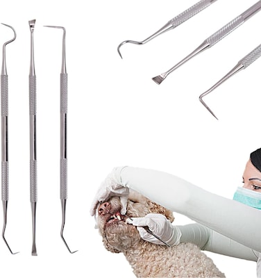 3Pcs Pet Tooth Cleaning Kit &ndash; Stainless Steel Tarter Remover, Dental Calculus Plaque Removal Tools for Dogs &amp; Cats, Professional Plaque &amp; Tarter Cleaner