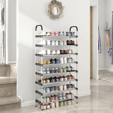 رف أحذية معدني بسيط مكون من 8 طبقات - 5 أنابيب لكل طبقة، منظم تخزين أحذية للمدخل وغرفة المعيشة والممر - تصميم متين وموفر للمساحة