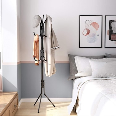 Standing Entryway Coat Rack with Hooks &ndash; Coat Tree Hat Hanger Holder, Jacket Umbrella Stand, Metal Base for Home, Office, Hallway, Entryway Organization

