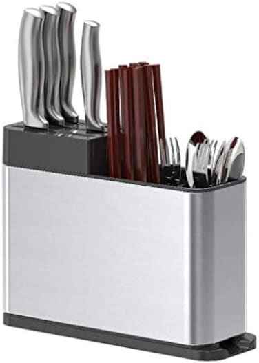 حامل سكاكين متعدد الوظائف مع لوح تصريف - حامل أدوات المطبخ للسكاكين والشوك والملاعق - حامل سكاكين من الفولاذ المقاوم للصدأ 430 مقاوم لبصمات الأصابع، فضي